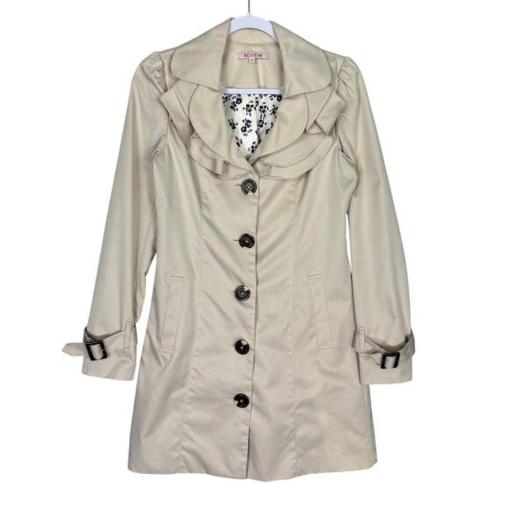 Trench Coat Size 8 Tan Ruffle Feminine Romantic Whimsical Quiet Luxury Minimal**